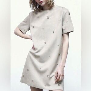 Zara Rhinestone Faux Suede Tan Dress